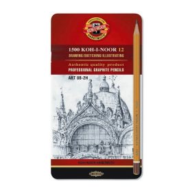 Set creioane grafit Tehnice  Koh-I-Noor,   12 bucati, in cutie de metal, pentru arta
