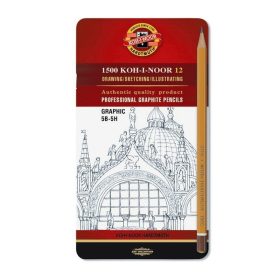 Set creioane grafit Tehnice  Koh-I-Noor,   12 bucati, in cutie de metal, pentru grafica