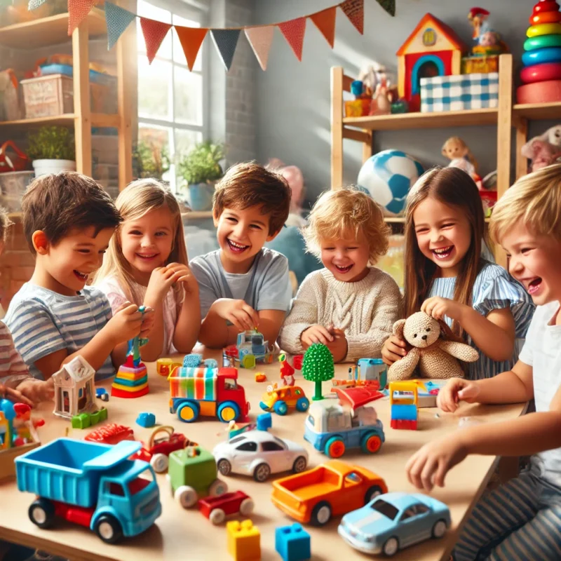 Cum alegi jucării potrivite pentru copilul tău? 1 DALL·E 2025 03 17 09.32.05 A group of children sitting at a table joyfully playing with toys. The setting is a bright and colorful playroom with various toys scattered around. 1 1