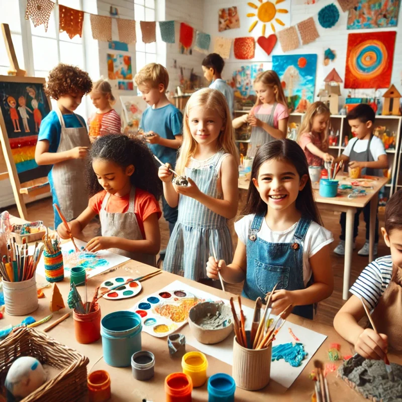 Cele mai bune activități creative pentru copii în funcție de vârstă 1 DALL·E 2025 03 21 08.57.04 A group of children engaged in creative activities in a bright and colorful classroom. Some children are painting on easels others are building with