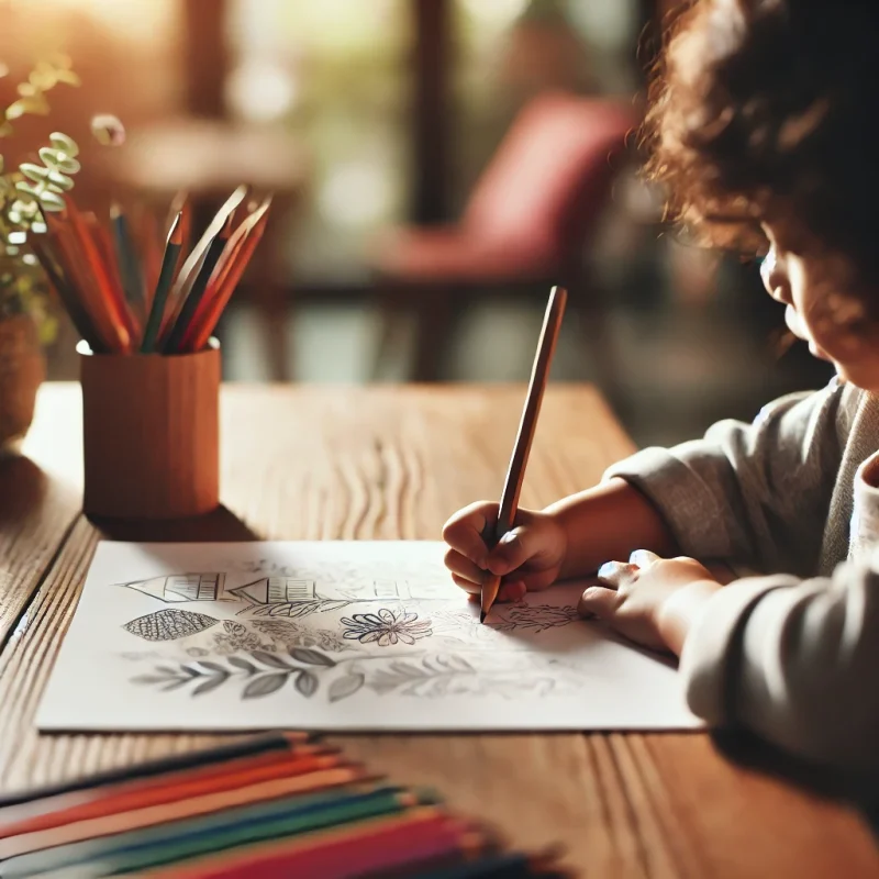 DALL·E 2025 03 24 08.32.24 A young child drawing with a pencil on a piece of paper. The child is sitting at a table focused on their artwork with a few colored pencils scatter